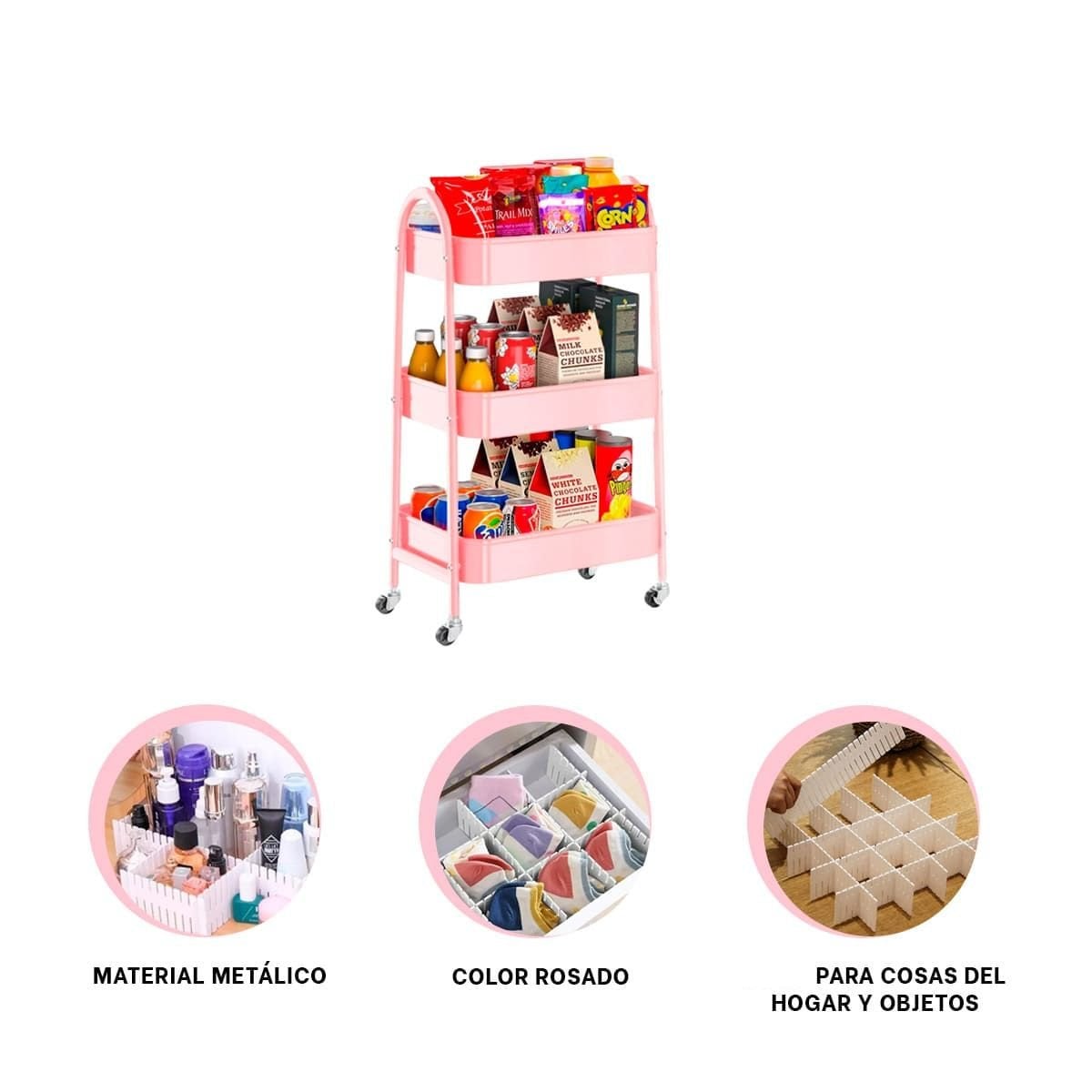 PACK2 ESTANTE METALICO 3 NIVELES CON RUEDAS Y ASAS ROSADO PARA DECORAR TU HOGAR - 4