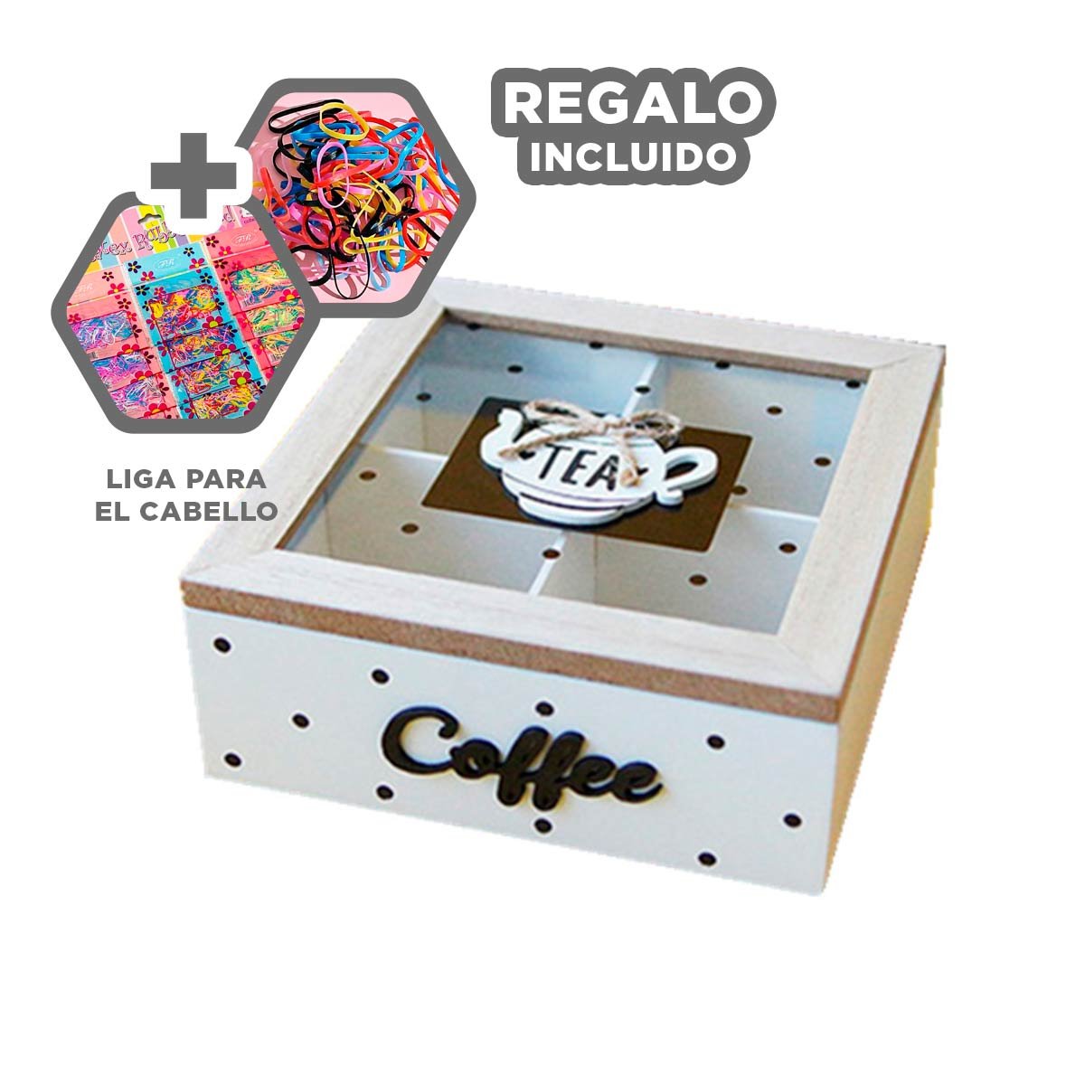 CAJA DE MADERA MULTIUSO PARA TE Y CAFE BLANCO CASA HOGAR FESTIVO Y+LIGAS REGALO - 2