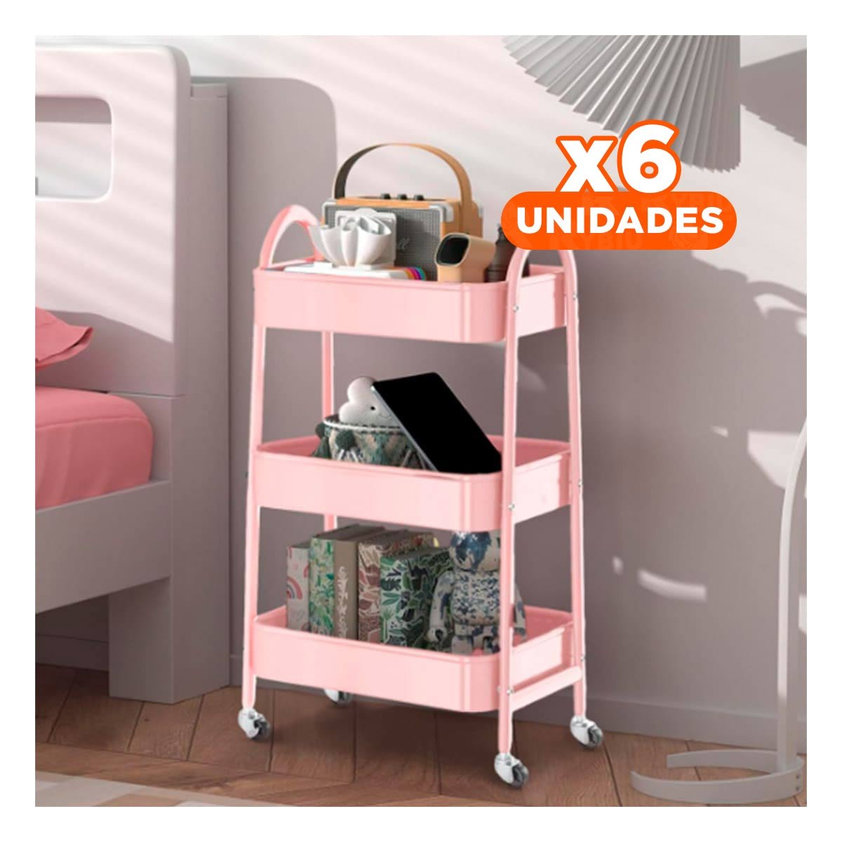 PACK6 REPISA DECORATIVA 3 NIVELES CON RUEDAS Y ASAS METAL ROSADO PARA INTERIORES - 1