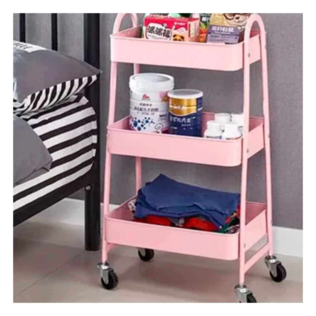 PACK6 REPISA DECORATIVA 3 NIVELES CON RUEDAS Y ASAS METAL ROSADO PARA INTERIORES - 5