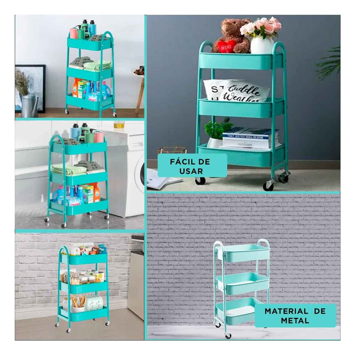 ESTANTE CARRITO 3 NIVELES CON RUEDAS Y ASAS METAL CELESTE PARA HOGAR - 2