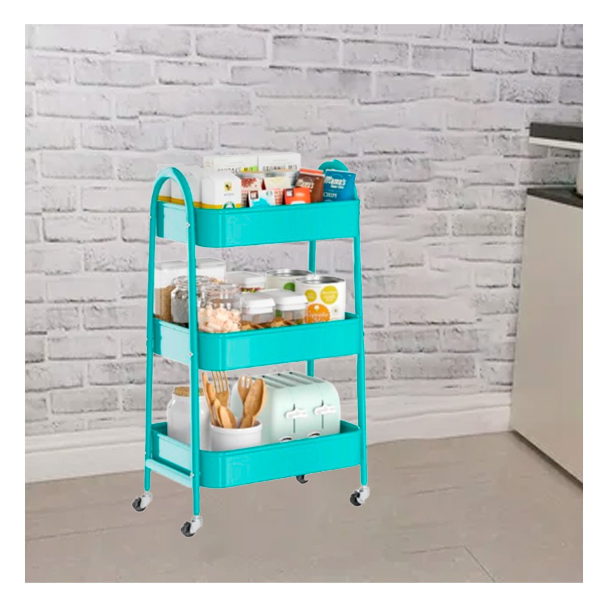ESTANTE CARRITO 3 NIVELES CON RUEDAS Y ASAS METAL CELESTE PARA HOGAR - 5