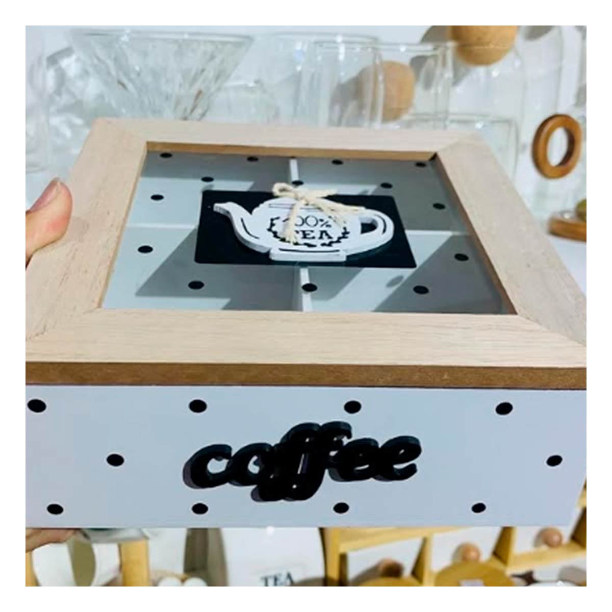 CAJA DE MADERA CON SEPARADORES PARA TE Y CAFE BLANCO DECORACION NAVIDAD Y+REGALO STICKER - 2
