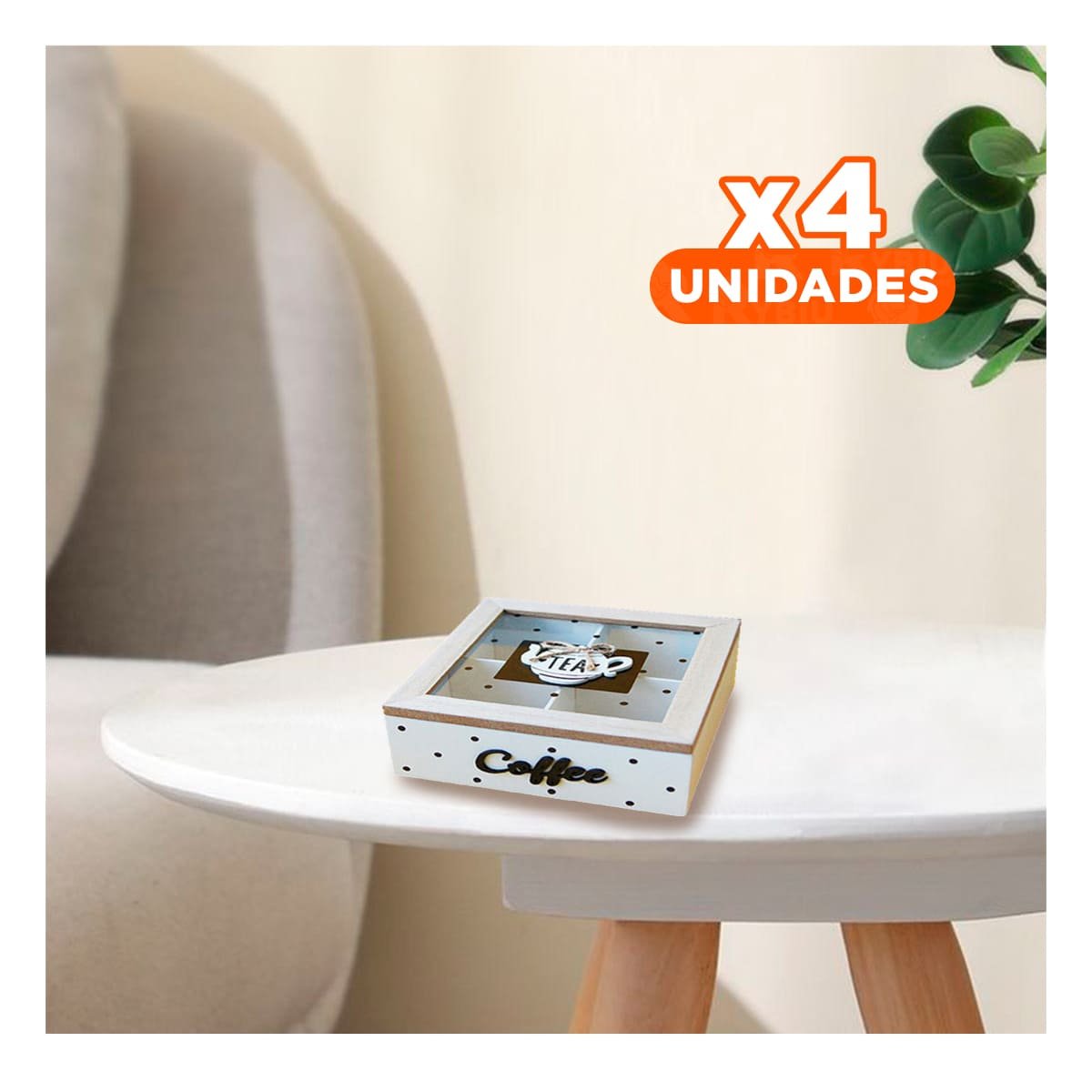 PACK4 CONTENEDOR DE MADERA CON COMPARTIMENTOS PARA TE Y CAFE BLANCO CASA Y+PAPEL REGALO - 1