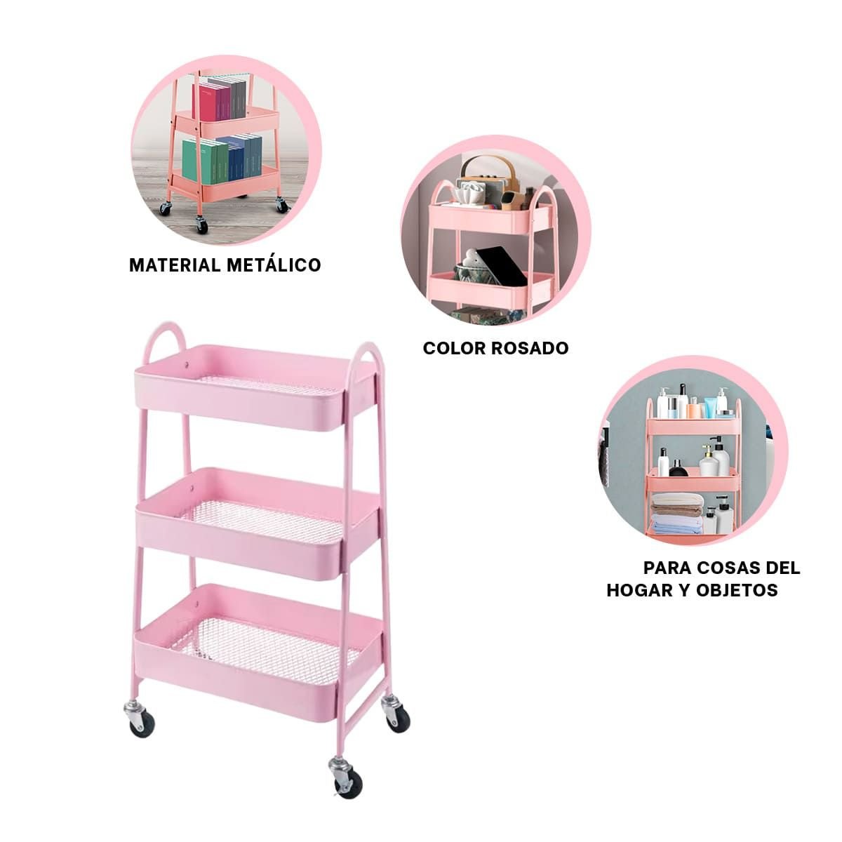 REPISA CARRITO 3 NIVELES CON RUEDAS Y ASAS METAL ROSADO DECORATIVO Y FUNCIONAL Y+PAPEL REGALO - 5
