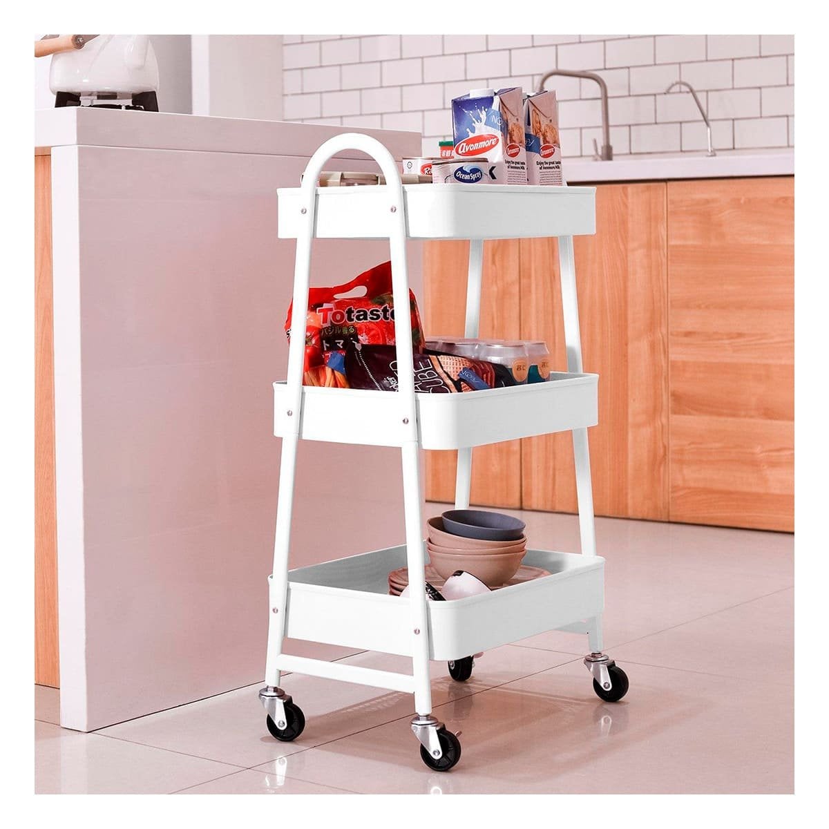 MESA CARRITO 3 NIVELES CON RUEDAS Y ASAS METAL BLANCO Y+POST IT - 3