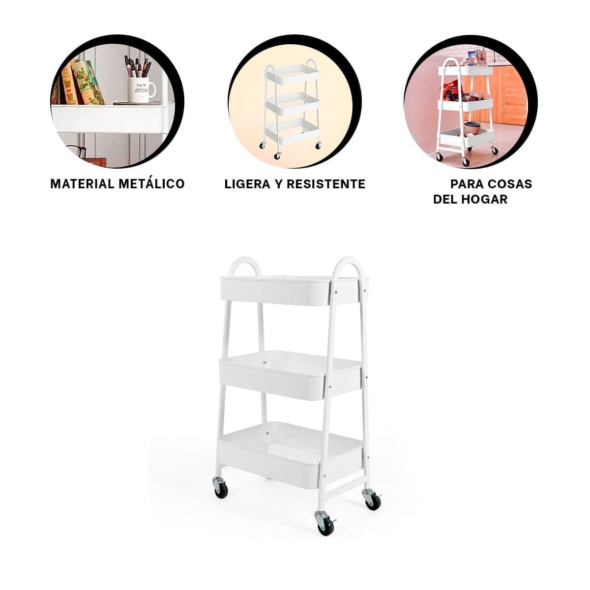 MESA CARRITO 3 NIVELES CON RUEDAS Y ASAS METAL BLANCO Y+POST IT - 4