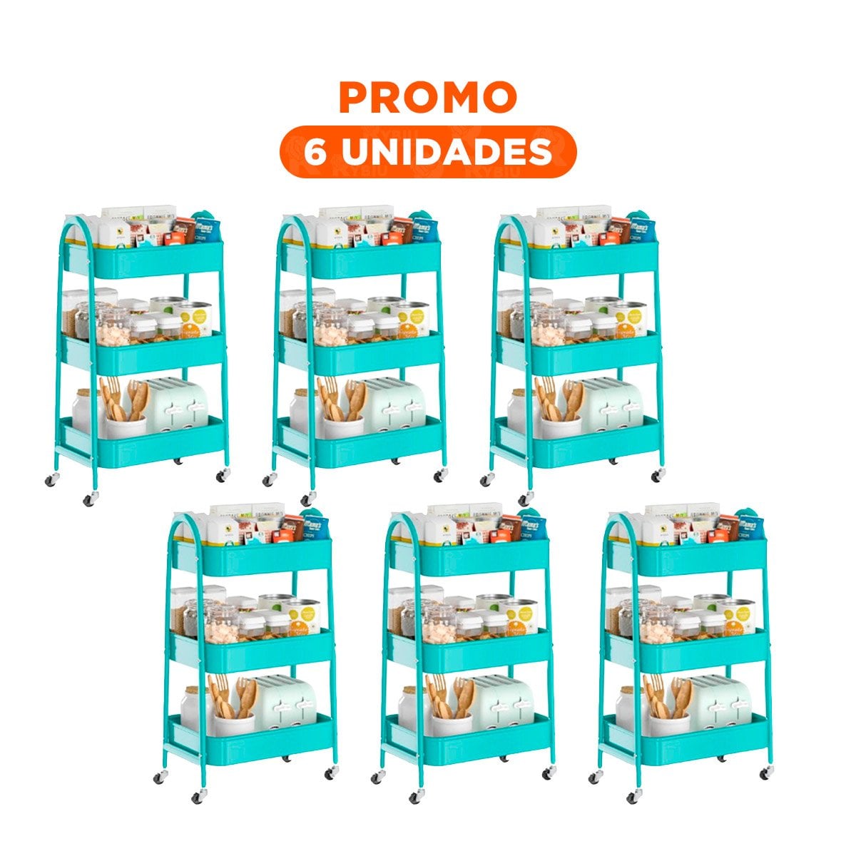 PACK6 MUEBLE AUXILIAR 3 NIVELES CON RUEDAS Y ASAS METAL CELESTE FUNCIONAL Y+REGALO STICKER - 1