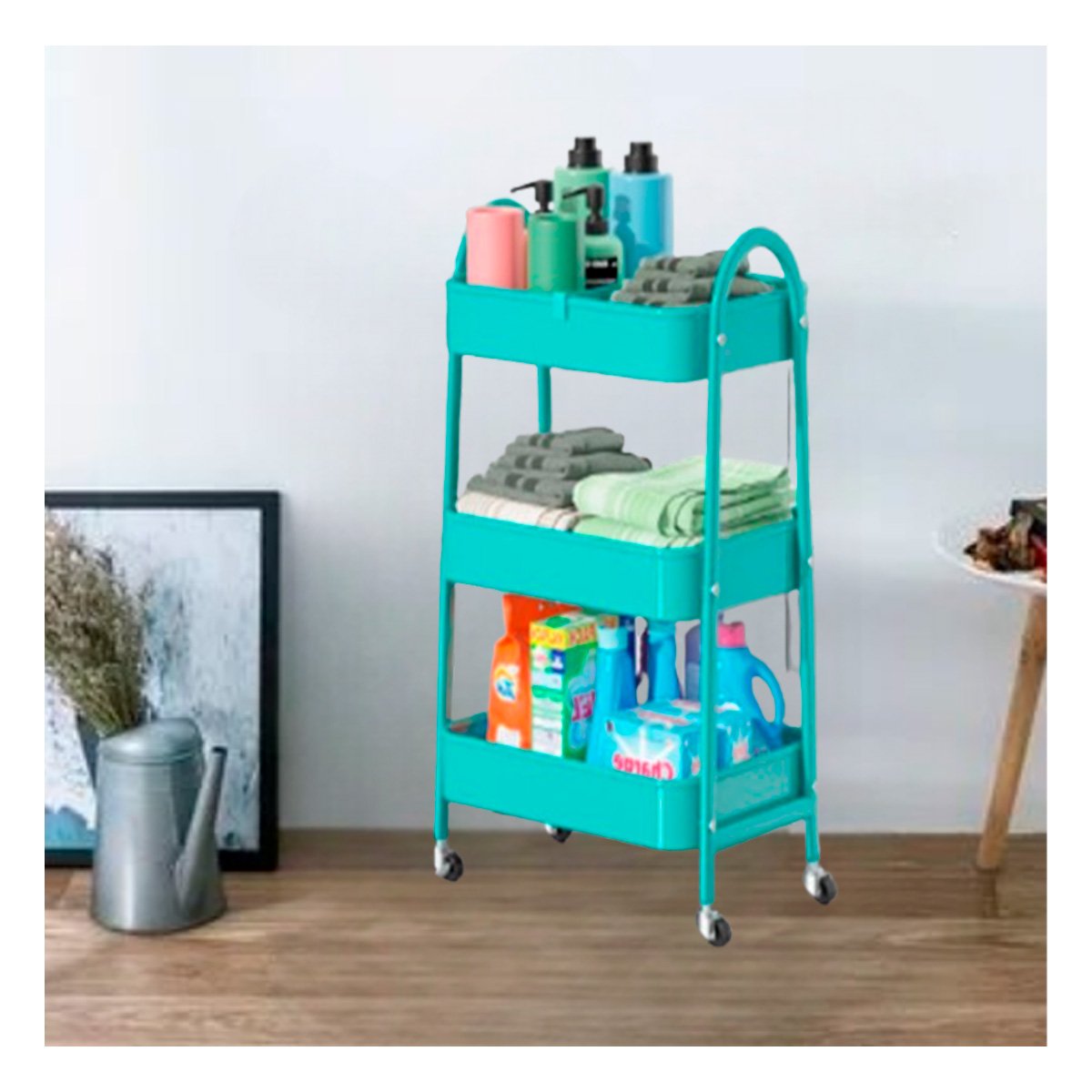 PACK6 MUEBLE AUXILIAR 3 NIVELES CON RUEDAS Y ASAS METAL CELESTE FUNCIONAL Y+REGALO STICKER - 3