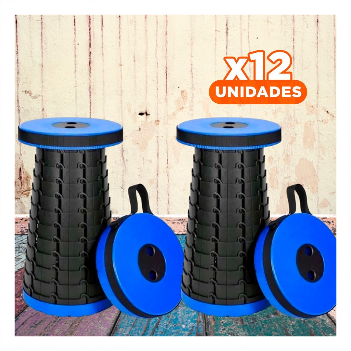 PACK12 BUTACA PORTATIL 3 SEGUROS PLEGABLE TAPA AZUL CENTRO NEGRO PARA TERRAZA Y+REGALO STICKER - 1