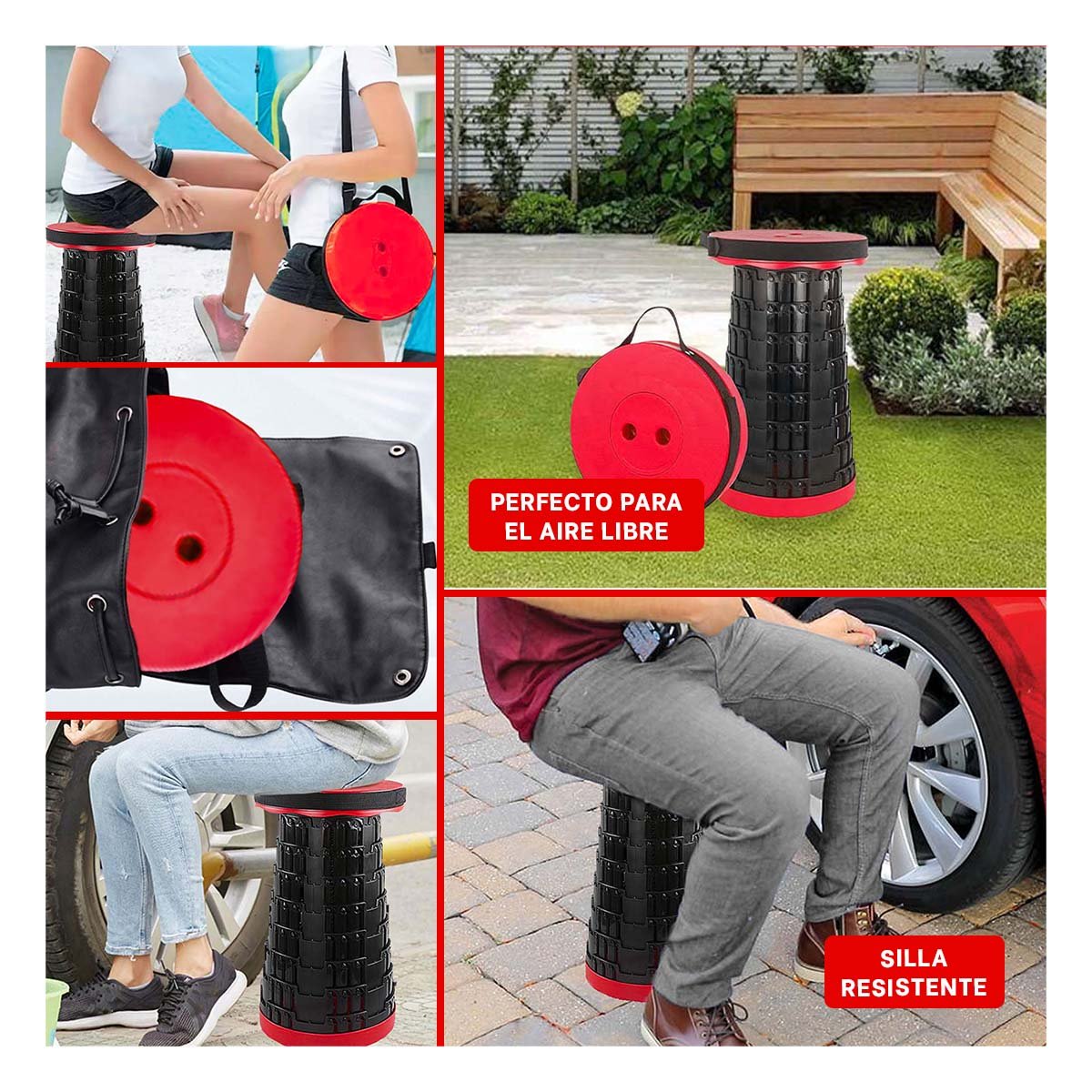BANCO PLEGABLES 3 SEGUROS PORTATILES TAPA ROJO CENTRO NEGRO PARA CASA Y TERRAZA Y+LIGAS REGALO - 1