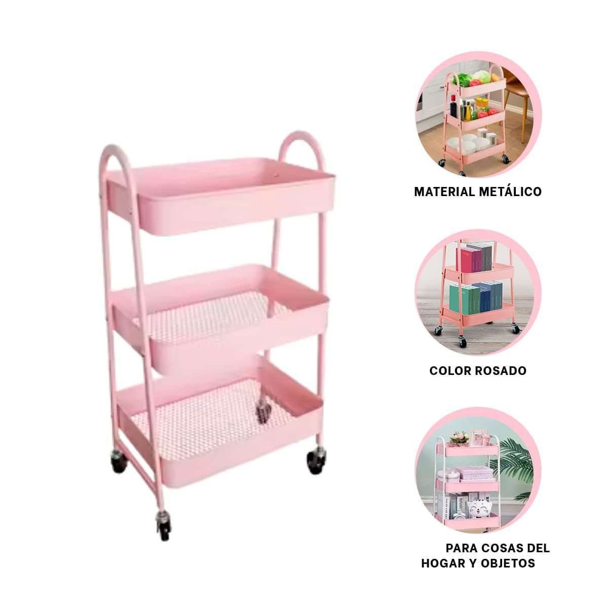 BANDEJA CARRITO 3 NIVELES CON RUEDAS Y ASAS METAL ROSADO PARA COCINA O SALA Y+POST IT - 5