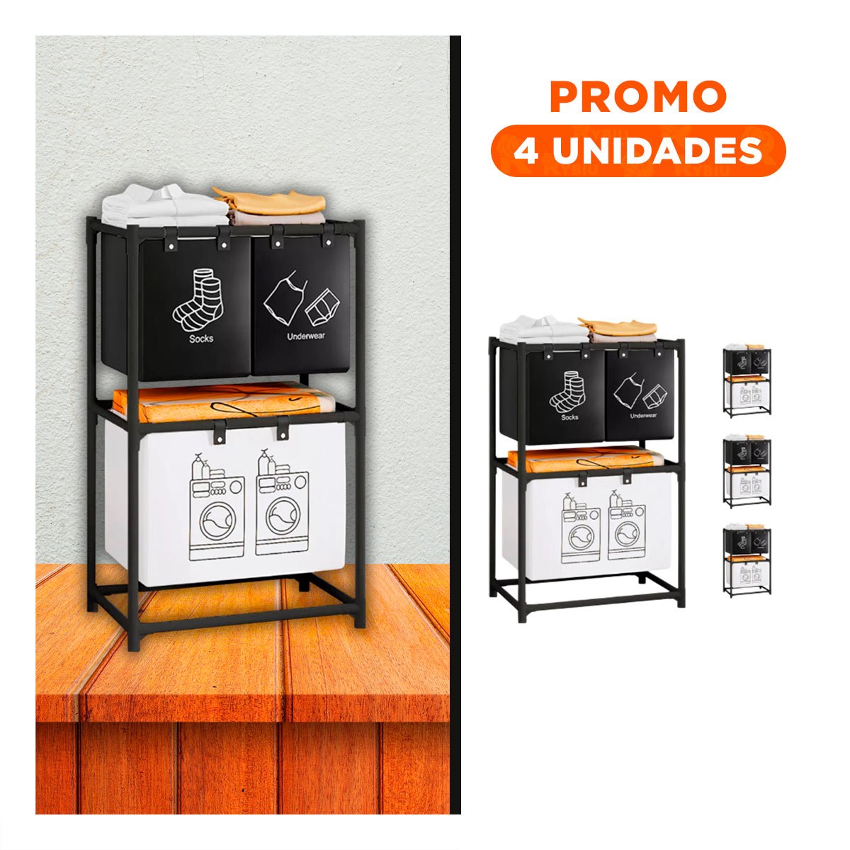 PACK4 CESTO ROPA SUCIA 2 NIVELES Y 3 CESTOS NEGRO Y BLANCO - 1