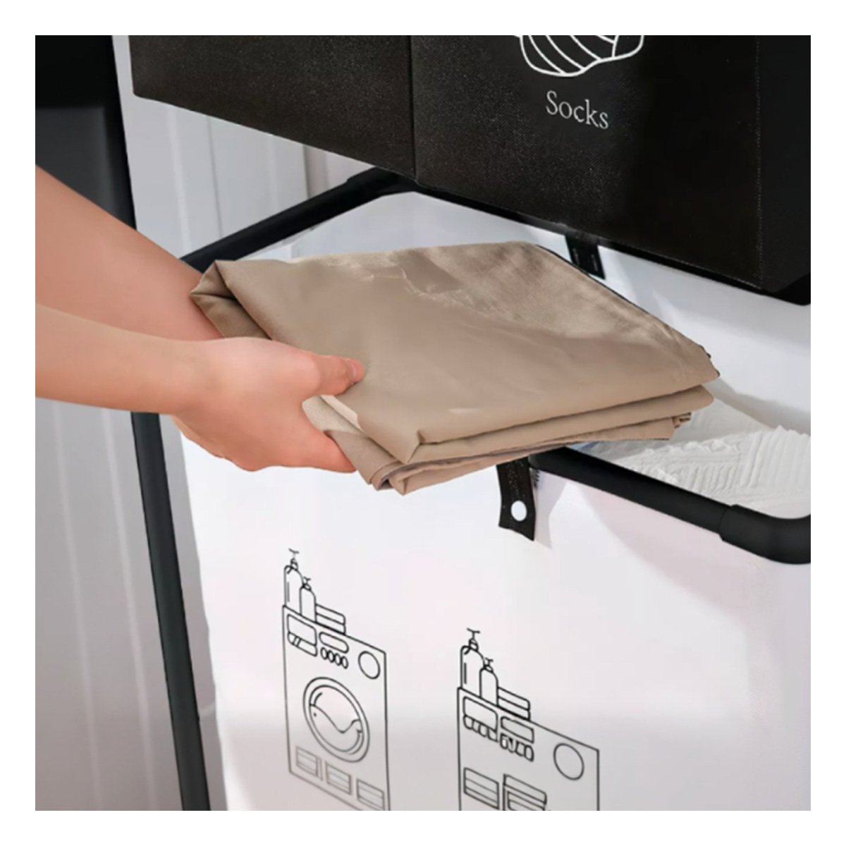 PACK4 CAJA ROPA SUCIA 2 NIVELES Y 3 CESTOS NEGRO Y BLANCO Y+REGALO STICKER - 5