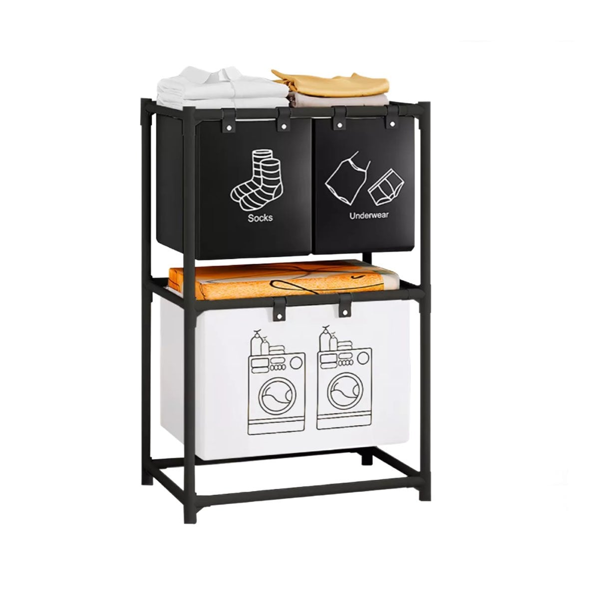 CAJA PARA ROPA SUCIA 2 NIVELES CON 3 CESTOS NEGRO Y BLANCO Y+POST IT - 1