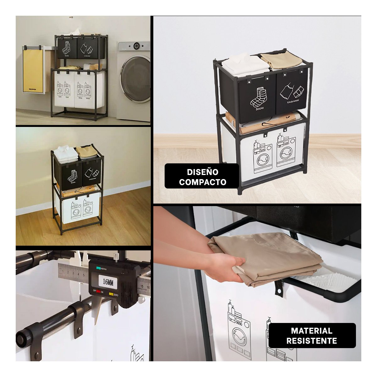 CAJA PARA ROPA SUCIA 2 NIVELES CON 3 CESTOS NEGRO Y BLANCO Y+POST IT - 2
