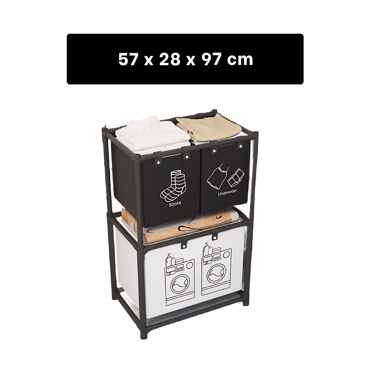 CAJA PARA ROPA SUCIA 2 NIVELES CON 3 CESTOS NEGRO Y BLANCO Y+POST IT - 4