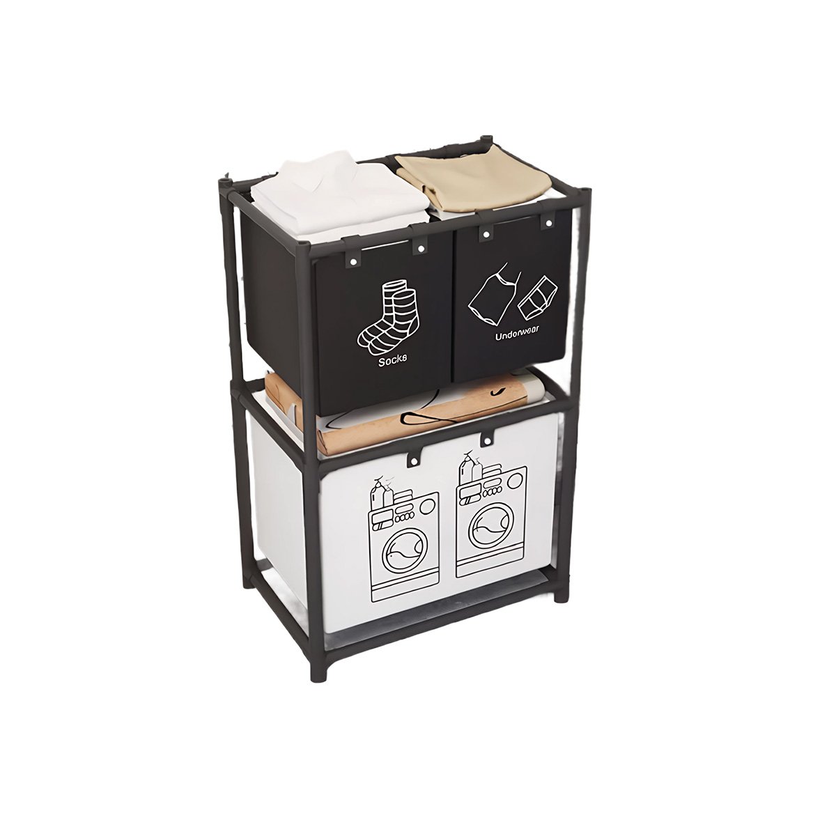 CAJA PARA ROPA SUCIA 2 NIVELES CON 3 CESTOS NEGRO Y BLANCO Y+POST IT - 5