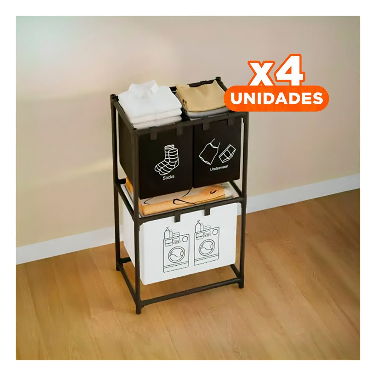 PACK4 CANASTO ROPA SUCIA 2 NIVELES Y 3 CESTOS NEGRO Y BLANCO Y+PAPEL REGALO - 1