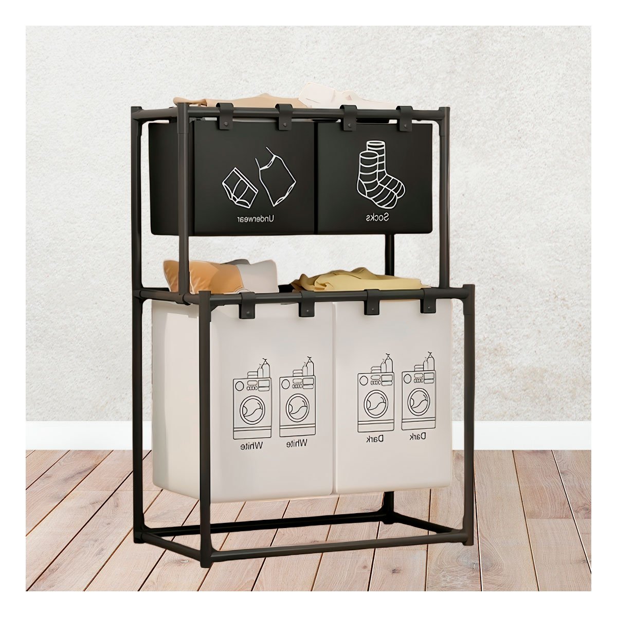 PACK4 CANASTO ROPA SUCIA 2 NIVELES Y 3 CESTOS NEGRO Y BLANCO Y+PAPEL REGALO - 5