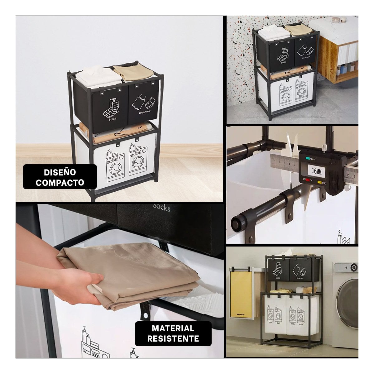CANASTO PARA ROPA SUCIA 2 NIVELES CON 3 CESTOS NEGRO Y BLANCO Y+LIGAS REGALO - 1