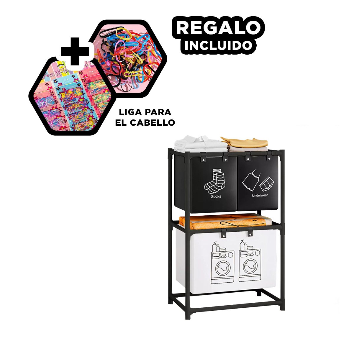 CANASTO PARA ROPA SUCIA 2 NIVELES CON 3 CESTOS NEGRO Y BLANCO Y+LIGAS REGALO - 2