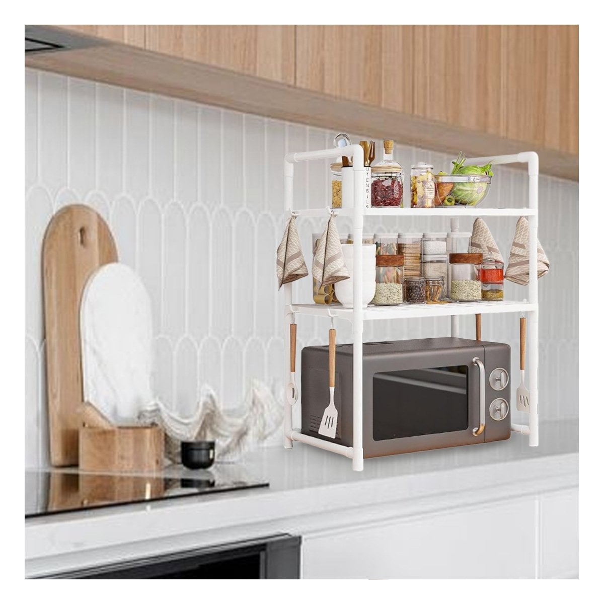 PACK4 SISTEMA ORGANIZADOR DE MICROONDAS DE 2 NIVELES CON ASAS BLANCO COCINA Y+PAPEL REGALO - 2