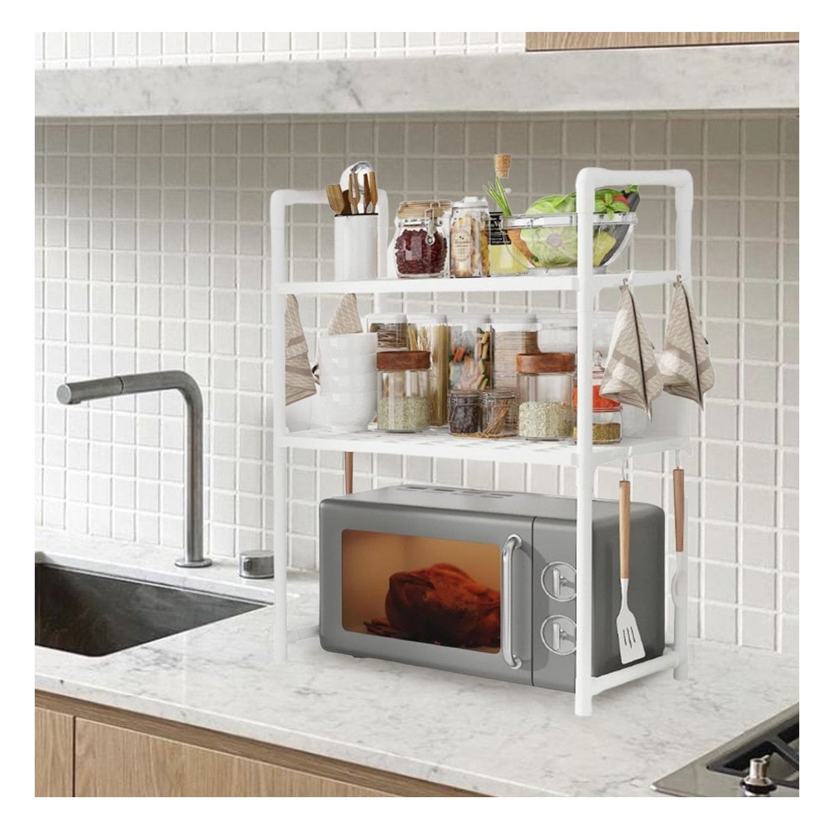 PACK4 SISTEMA ORGANIZADOR DE MICROONDAS DE 2 NIVELES CON ASAS BLANCO COCINA Y+PAPEL REGALO - 5