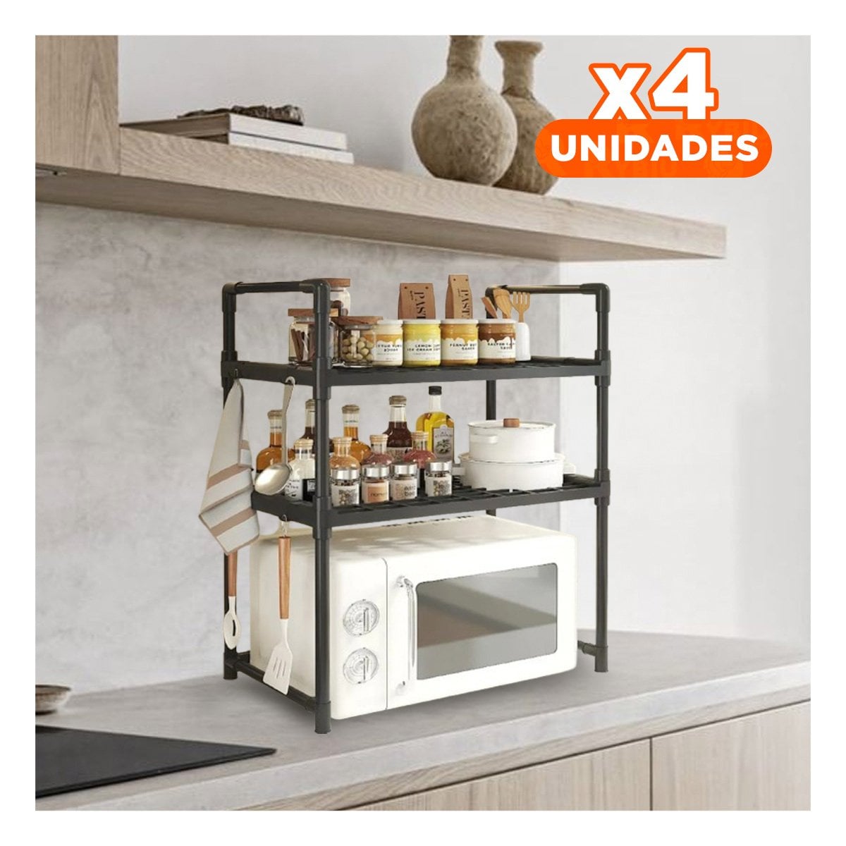 PACK4 ESTACION COCINA ORGANIZADOR MICROONDAS 2 NIVELES CON ASAS NEGRO MODERNO Y+PAPEL REGALO - 1