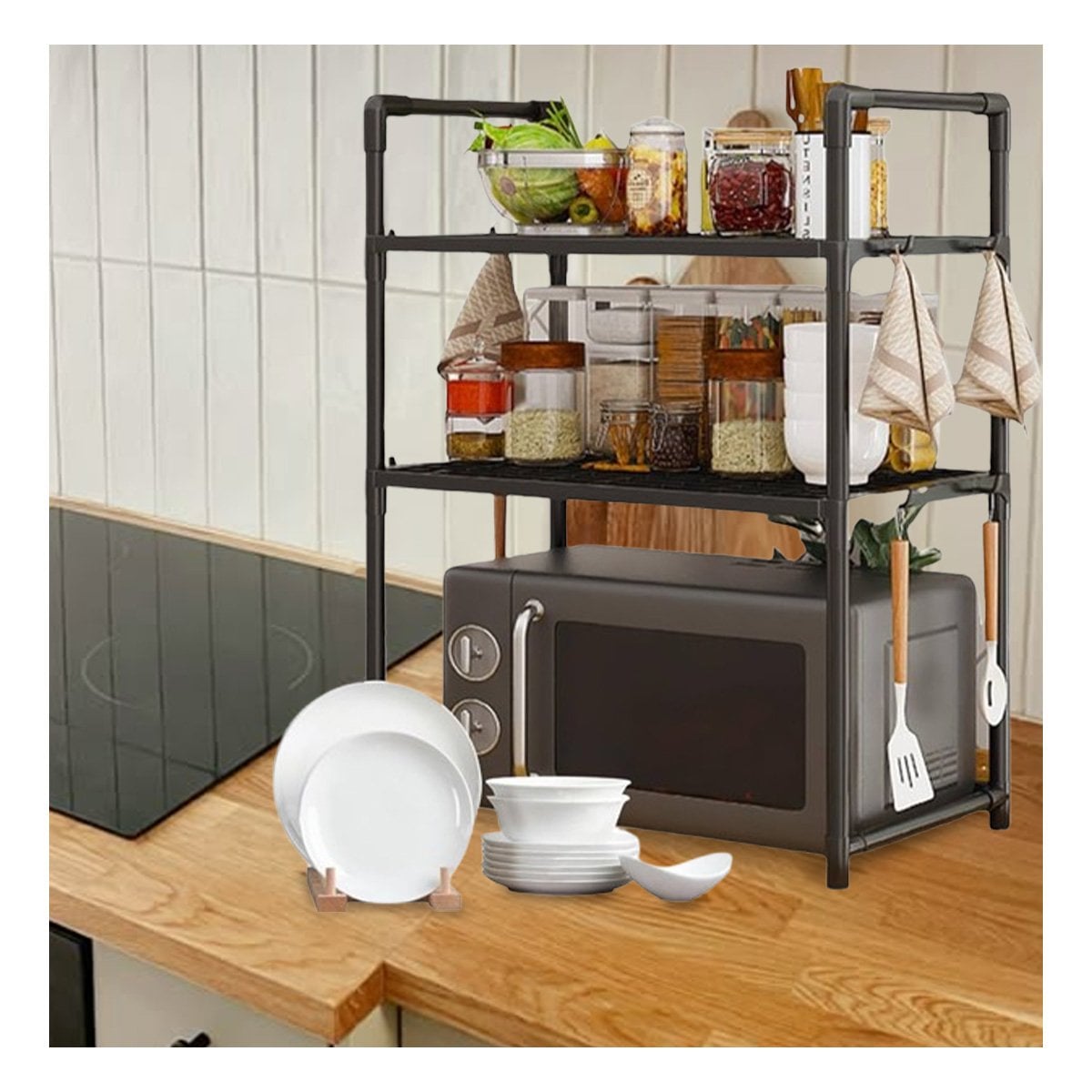 PACK4 ESTACION COCINA ORGANIZADOR MICROONDAS 2 NIVELES CON ASAS NEGRO MODERNO Y+PAPEL REGALO - 2