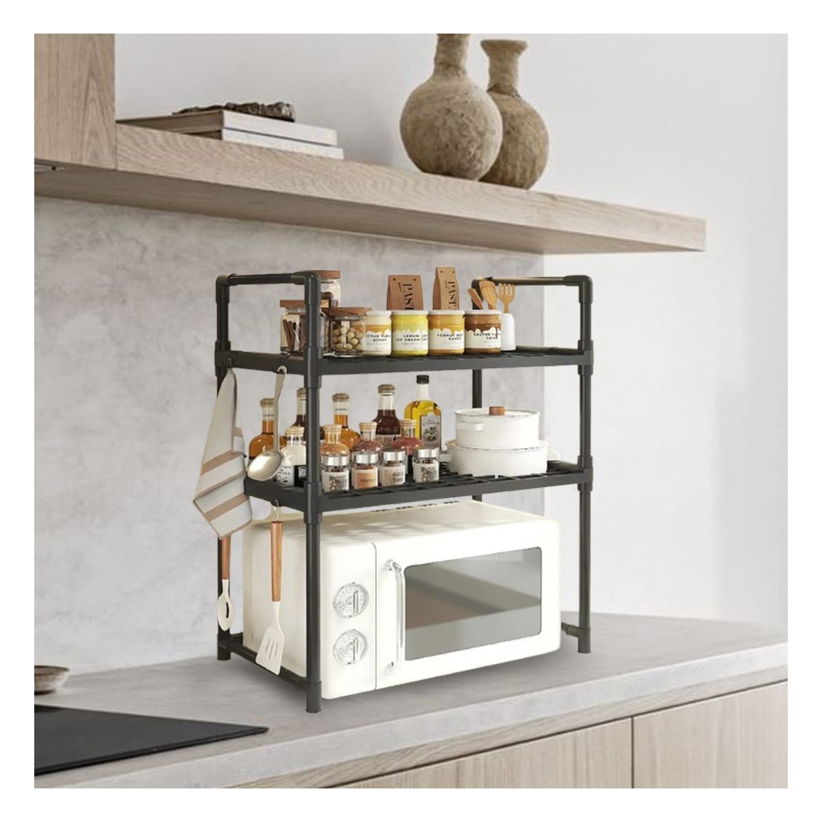 PACK4 ESTACION COCINA ORGANIZADOR MICROONDAS 2 NIVELES CON ASAS NEGRO MODERNO Y+PAPEL REGALO - 5