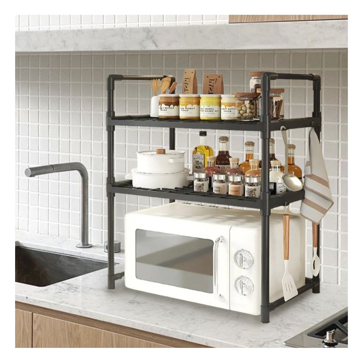 PACK2 MUEBLE COCINA ORGANIZADOR MICROONDAS 2 NIVELES CON ASAS NEGRO COMPACTO Y+REGALO STICKER - 5