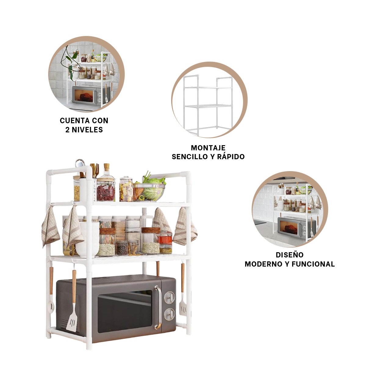 REPISA ORGANIZADORA DE MICROONDAS DE 2 NIVELES CON ASAS BLANCO PARA COCINA Y+PAPEL REGALO - 5