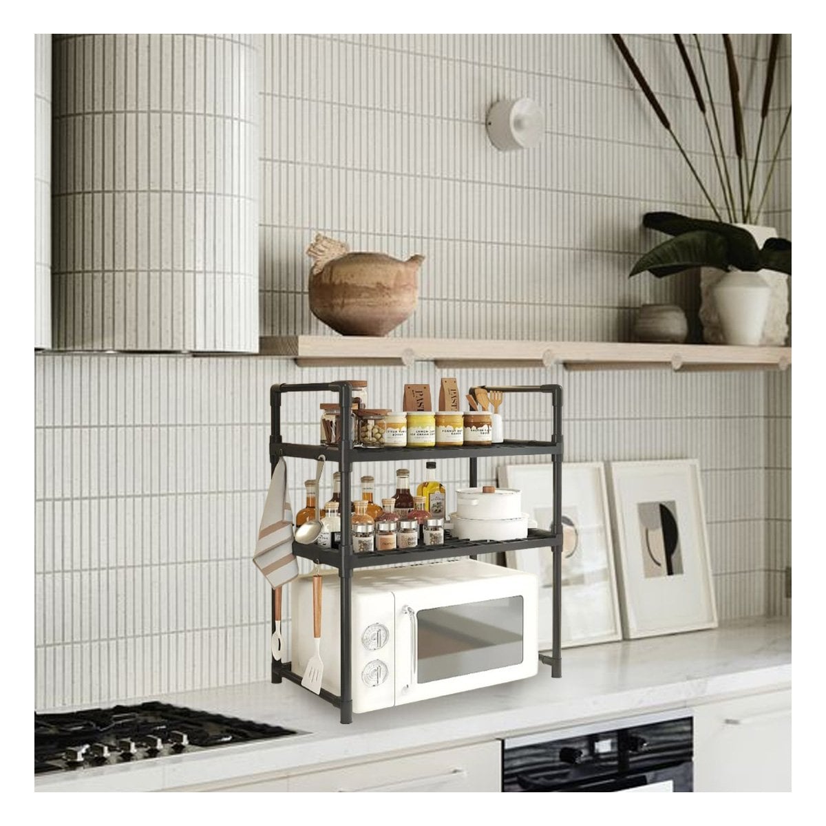 ESTANTE ORGANIZADOR DE MICROONDAS DE 2 NIVELES CON ASAS NEGRO PARA COCINA Y HOGAR - 1
