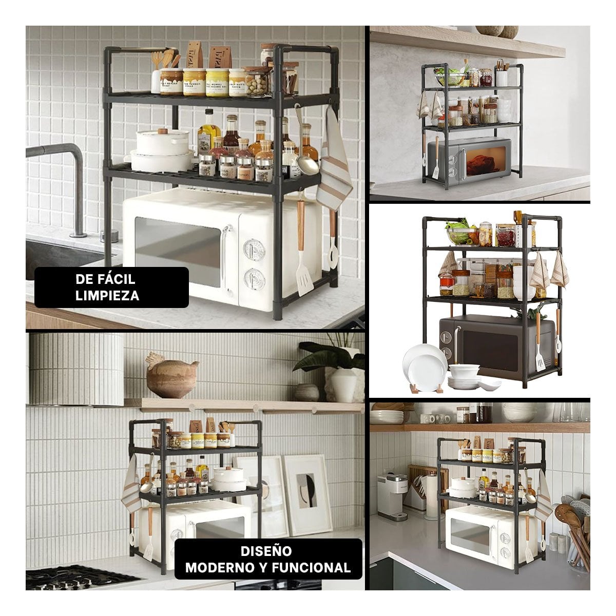 ESTANTE ORGANIZADOR DE MICROONDAS DE 2 NIVELES CON ASAS NEGRO PARA COCINA Y HOGAR - 2