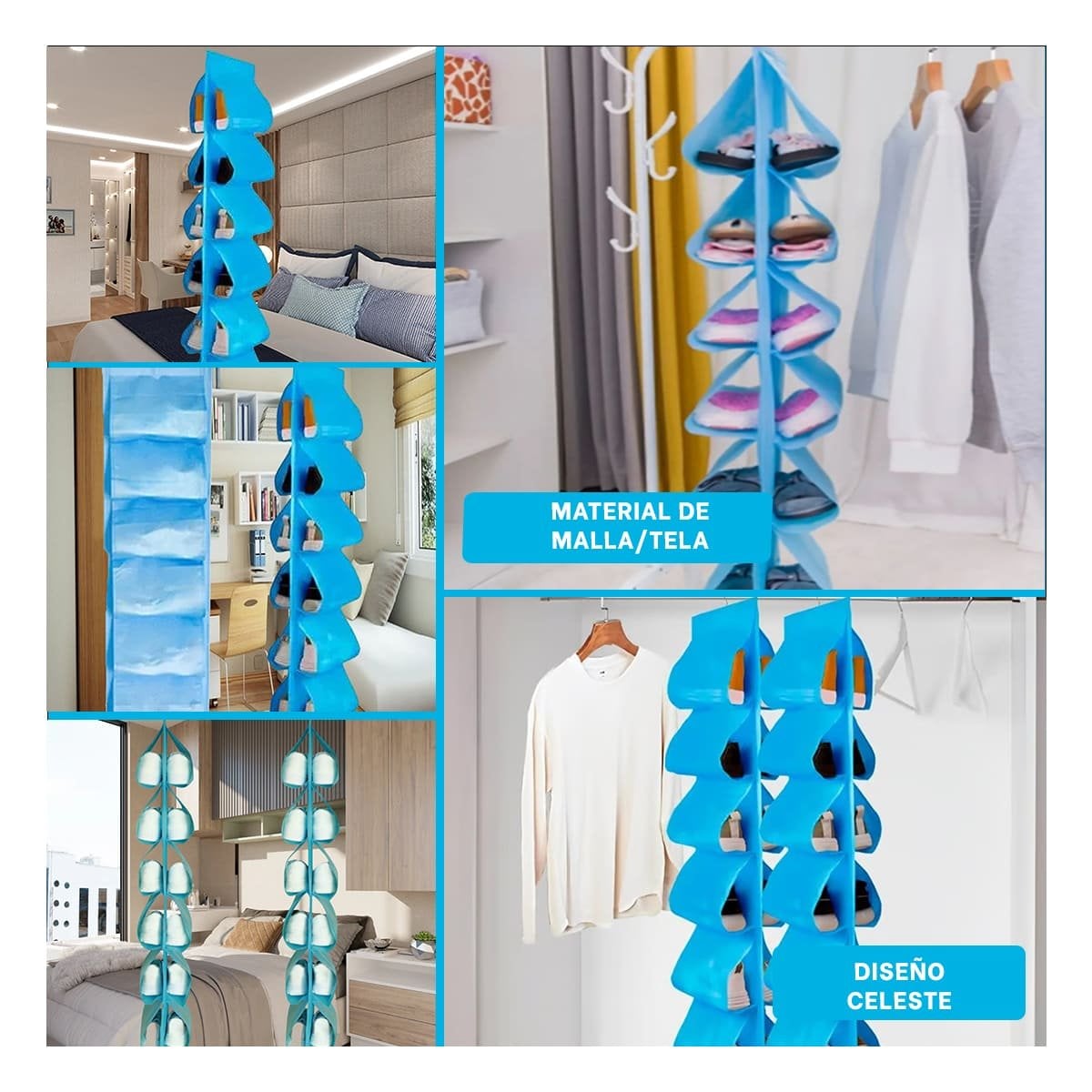 ORGANIZADOR COLGANTE DE 6 PARES CELESTE PARA GUARDAR ZAPATOS Y ACCESORIOS Y+PAPEL REGALO - 3