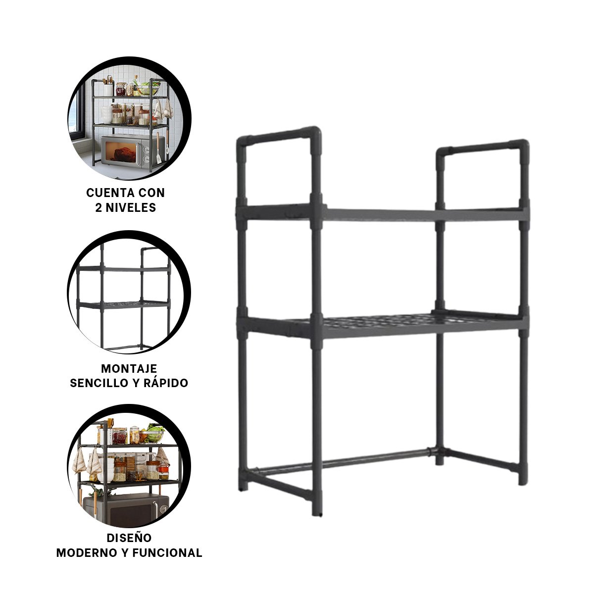 ESTACION ORGANIZADORA DE MICROONDAS DE 2 NIVELES CON ASAS NEGRO PARA COCINA MODERNA Y+POST IT - 5