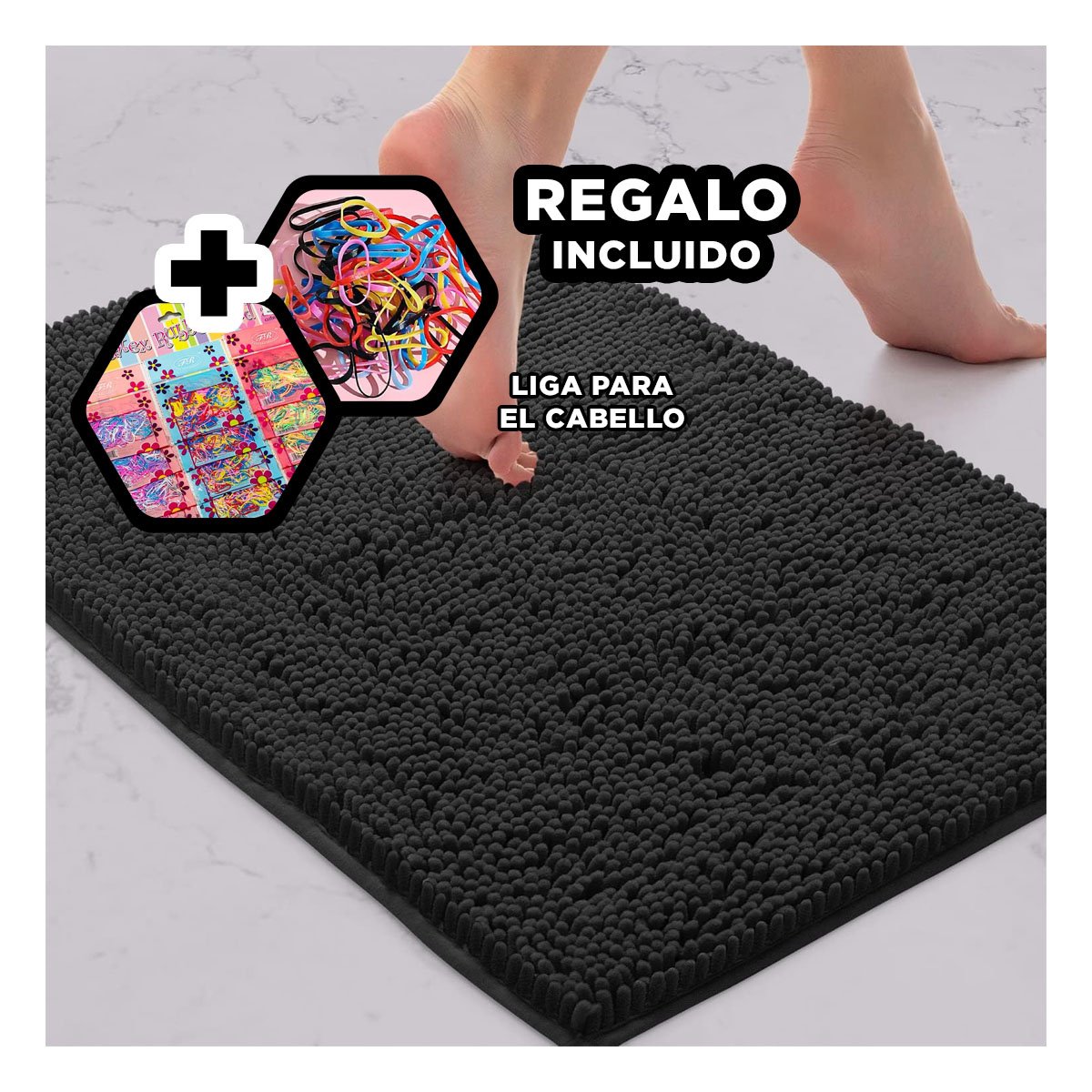 CUBREPISO RECTANGULAR DE MICROFIBRA 40X60CM NEGRO PARA INTERIOR Y+LIGAS REGALO - 2