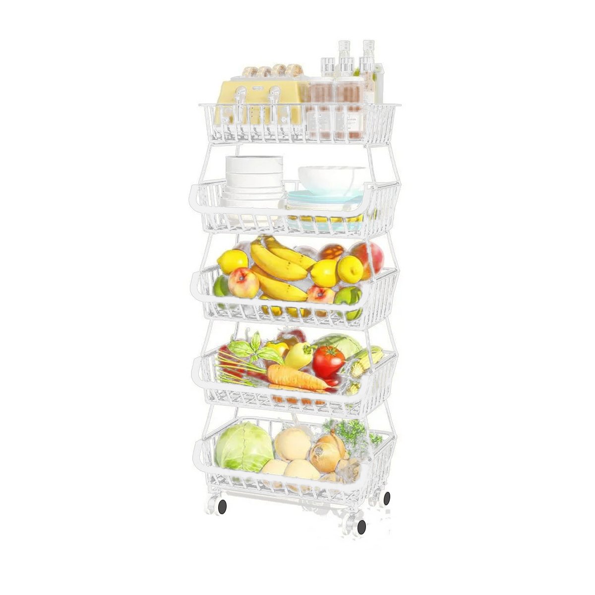 CESTA METALICA 5 NIVELES PARA COCINA ACERO BLANCO PARA ORDENAR Y DECORAR Y+REGALO STICKER - 1