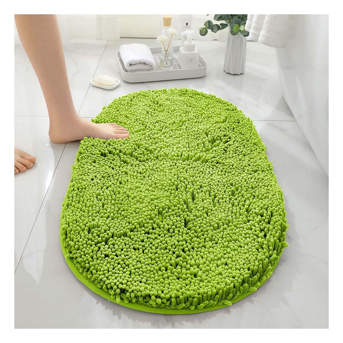 TAPIZ OVALADO DE MICROFIBRA 40X60CM VERDE LIMON ANTIDESLIZANTE PARA BANO Y+REGALO STICKER - 3