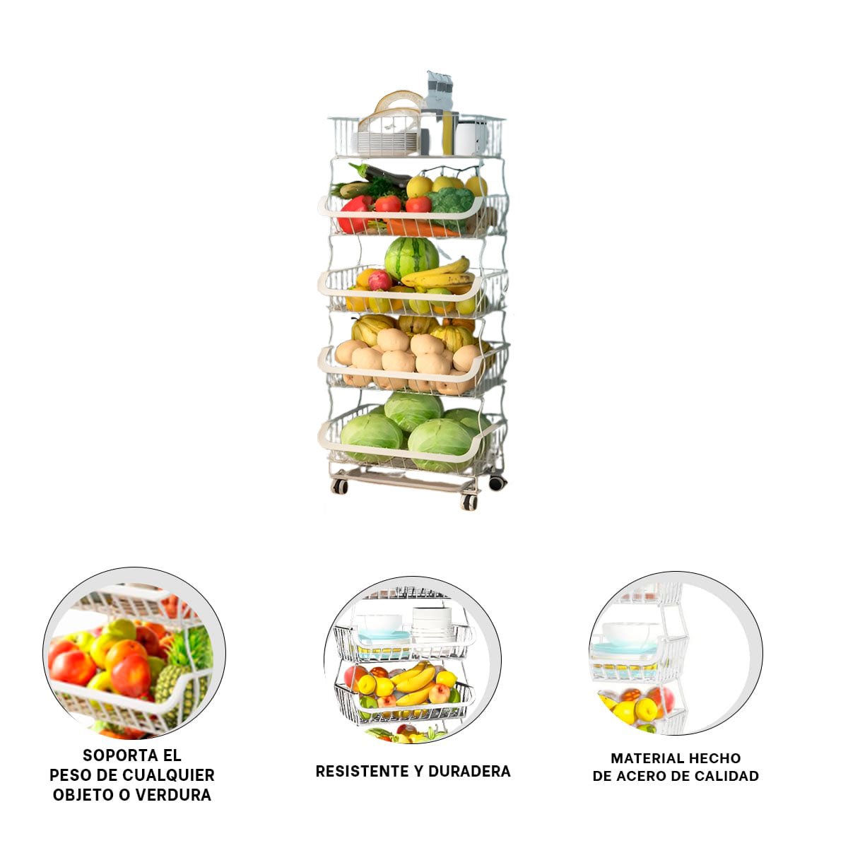 CESTA APILABLE 5 NIVELES PARA COCINA ACERO BLANCO CON ESPACIO AMPLIO Y+LIGAS REGALO - 1