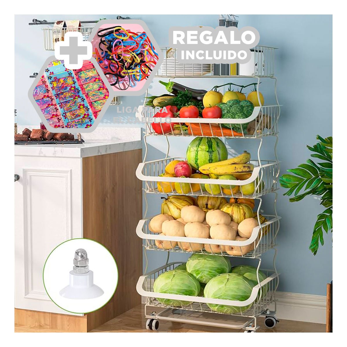 CESTA APILABLE 5 NIVELES PARA COCINA ACERO BLANCO CON ESPACIO AMPLIO Y+LIGAS REGALO - 2