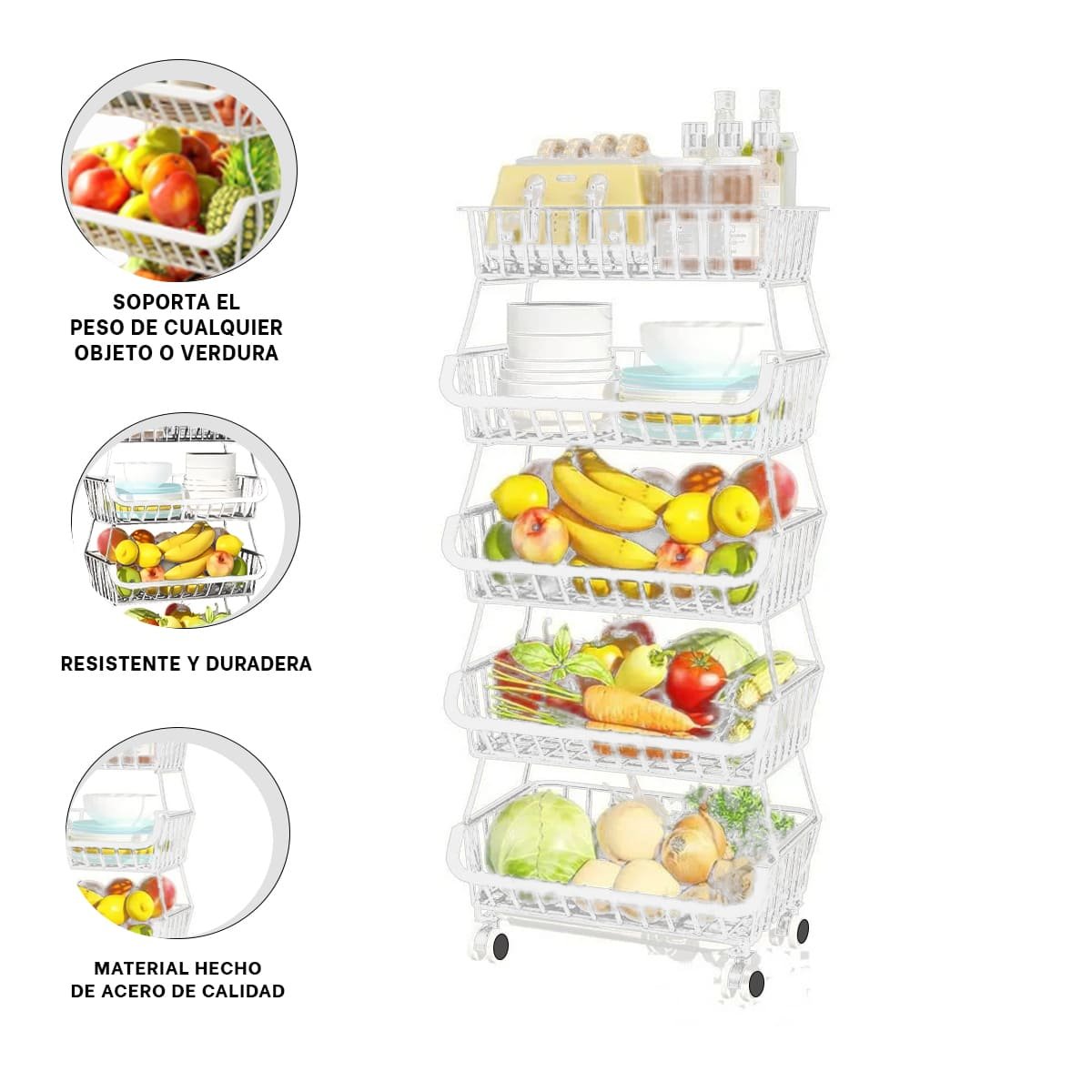 CESTA MULTIUSO 5 NIVELES PARA COCINA ACERO BLANCO CON DISEÑO PRACTICO Y+PAPEL REGALO - 5