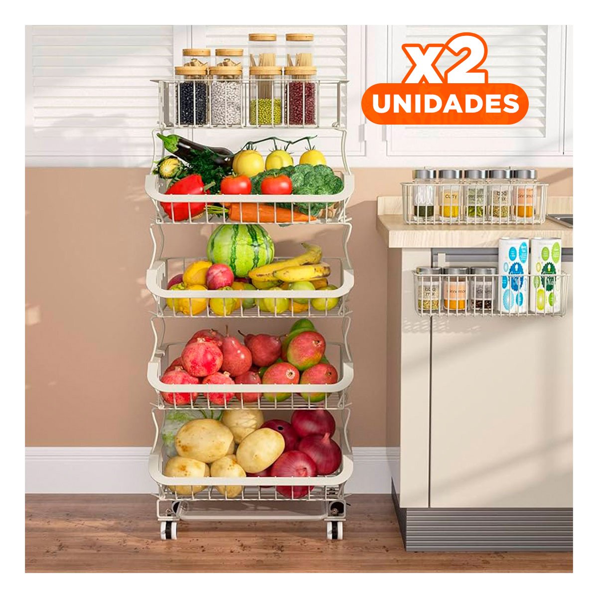 PACK2 CANASTA MULTIUSO 5 NIVELES PARA COCINA ACERO BLANCO PARA ORGANIZAR Y+PAPEL REGALO - 1