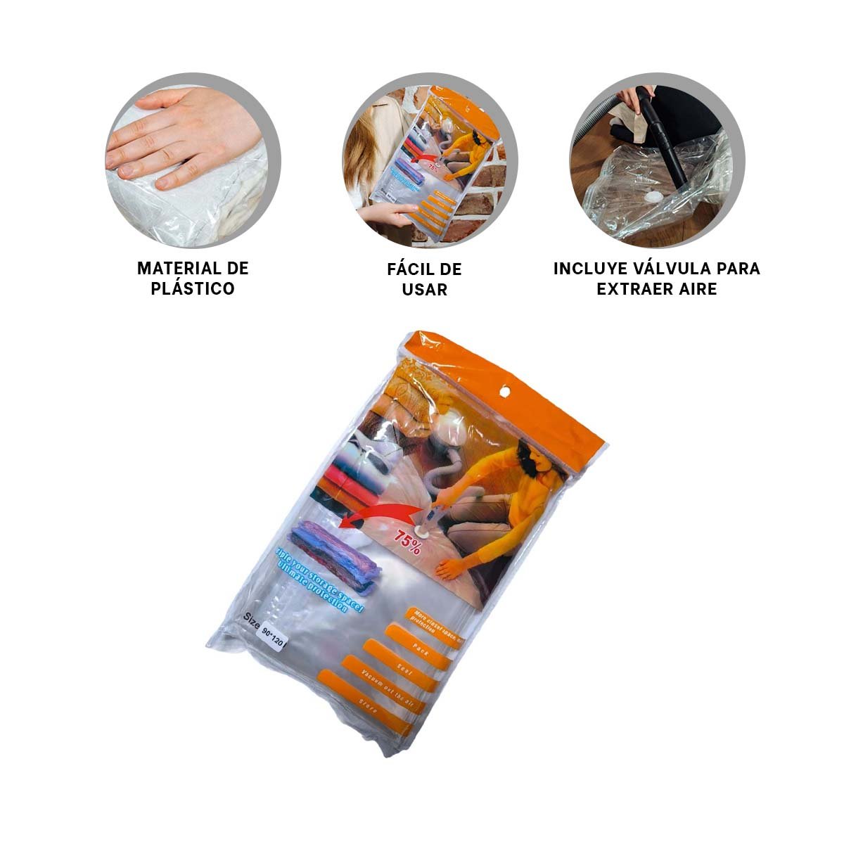 CONTENEDOR AL VACIO 90X120CM ANARANJADO PARA GUARDAR ROPA Y FACIL TRANSPORTE Y+LIGAS REGALO - 5