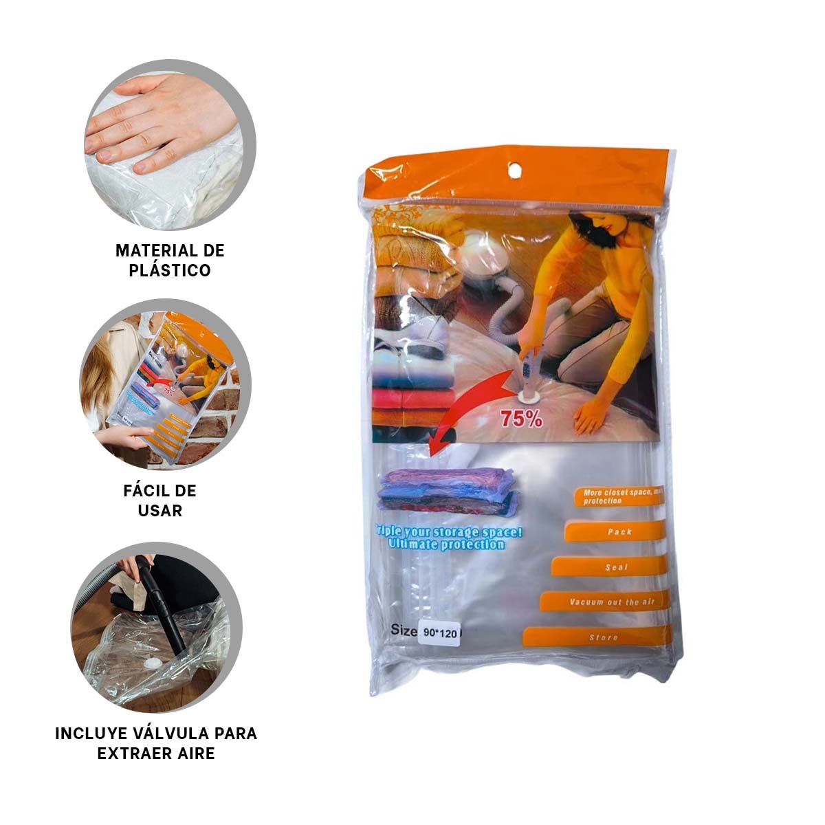 SACO AL VACIO 90X120CM ANARANJADO PARA ORGANIZAR ROPA Y PROTECCION EN CASA Y+PAPEL REGALO - 5