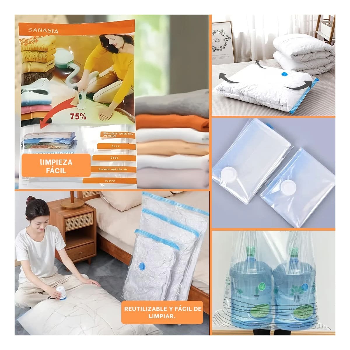 FUNDA AL VACIO 68X98CM NARANJA PARA GUARDAR ROPA DE TEMPORADA Y+LIGAS REGALO - 1