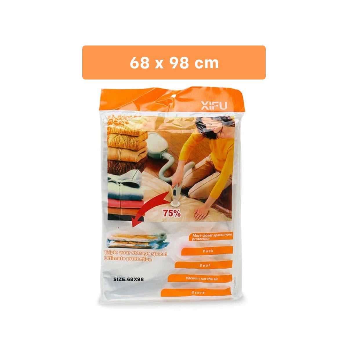 FUNDA AL VACIO 68X98CM NARANJA PARA GUARDAR ROPA DE TEMPORADA Y+LIGAS REGALO - 4