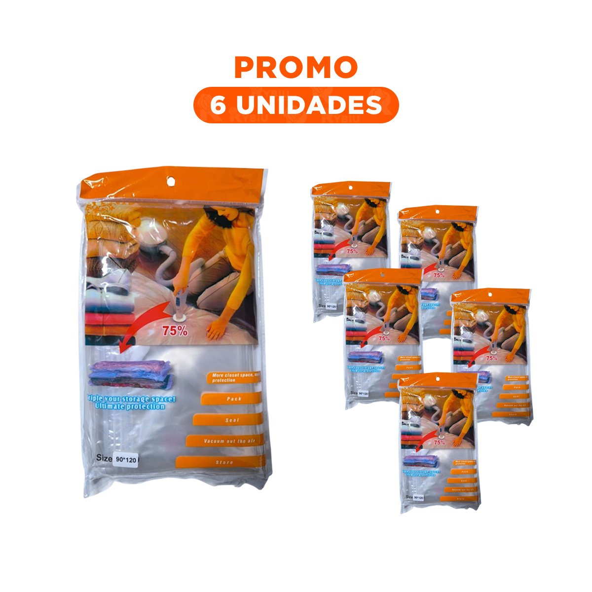 PACK6 CONTENEDOR AL VACIO 90X120CM ANARANJADO PARA ORGANIZAR ROPA Y CASA Y+REGALO STICKER - 1
