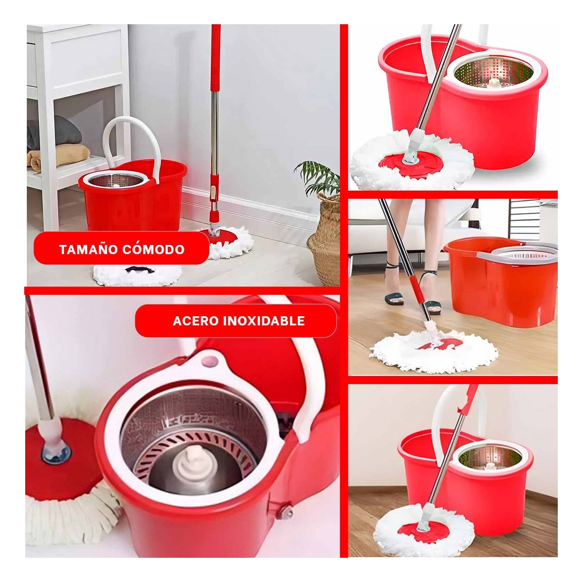 TRAPEADOR GIRATORIO 360 CON BALDE CENTRIFUGADOR ROJO PARA LIMPIEZA EN CASA - 2